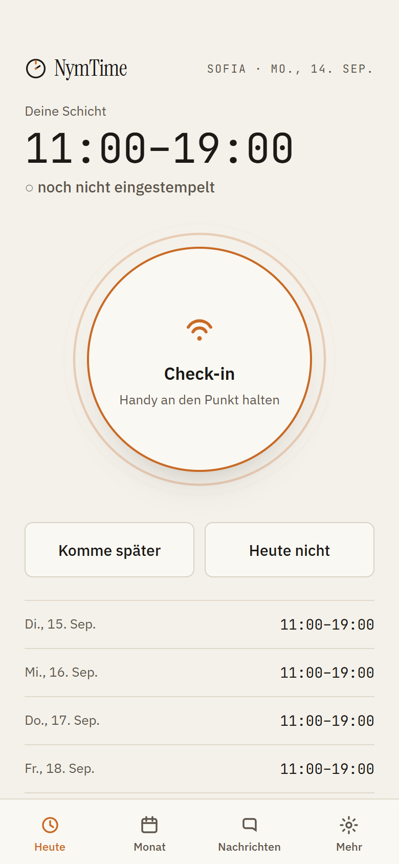 Mitarbeiter-App: der heutige Tag mit Schicht und Stempel-Ring