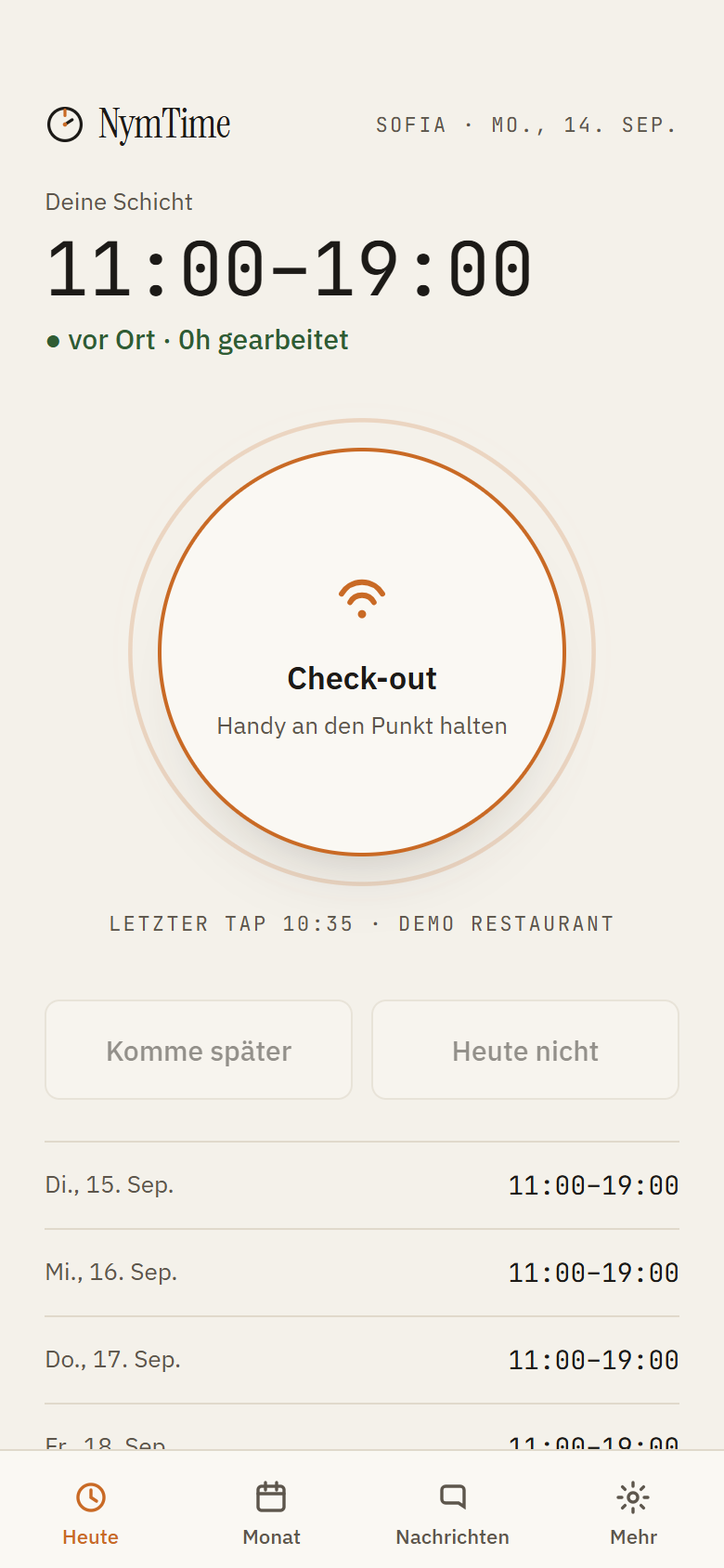 Mitarbeiter-App: der heutige Tag mit Schicht, Stempel-Ring und gebuchtem Check-in